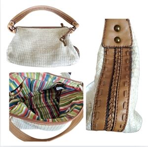 Fossil Shoulder Bag Beige Woven Fabric Brown Leather Strap Trim Key Purse